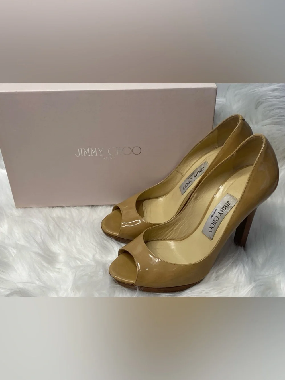 Jimmy Choo Nude Patent Leather Peep-Toe Pumps with Wooden Heels. Authentic - Picture 10 of 17